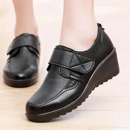 Women's Genuine Leather Comfort Wedge Shoes – Adjustable Velcro Strap & Arch Support