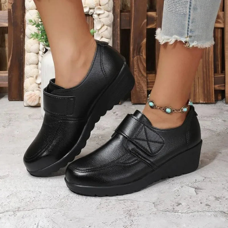 Women's Genuine Leather Comfort Wedge Shoes – Adjustable Velcro Strap & Arch Support
