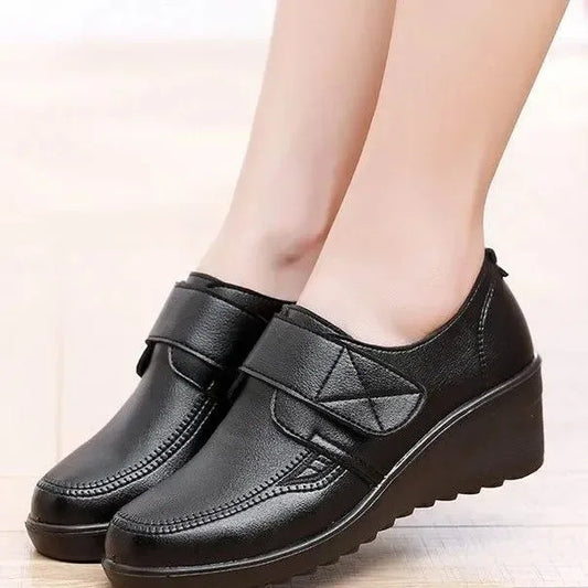 Women's Genuine Leather Comfort Wedge Shoes – Adjustable Velcro Strap & Arch Support