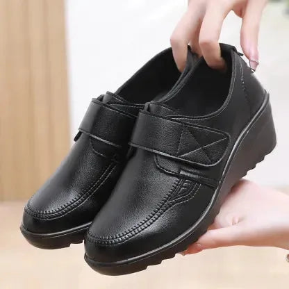 Women's Genuine Leather Comfort Wedge Shoes – Adjustable Velcro Strap & Arch Support