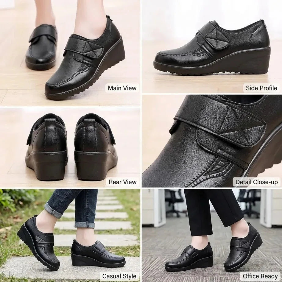 Women's Genuine Leather Comfort Wedge Shoes – Adjustable Velcro Strap & Arch Support