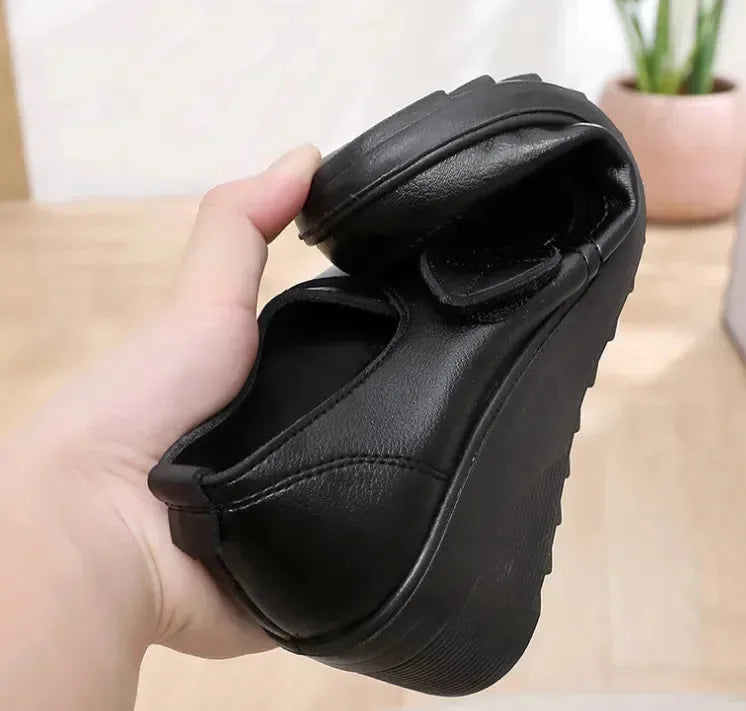 Women's Genuine Leather Comfort Wedge Shoes – Adjustable Velcro Strap & Arch Support