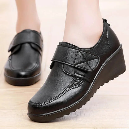 Women's Genuine Leather Comfort Wedge Shoes – Adjustable Velcro Strap & Arch Support